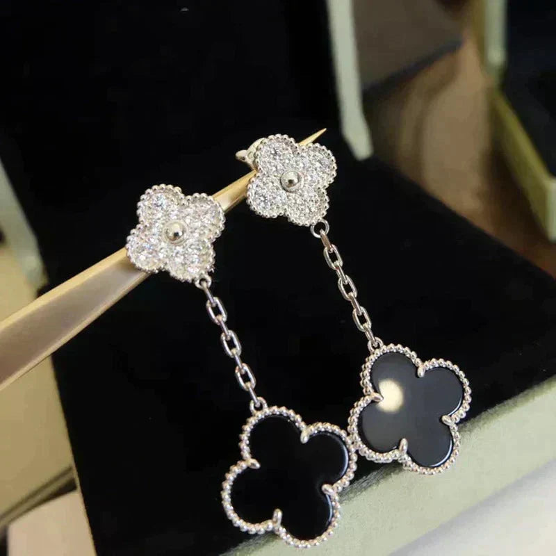 ¡®lume Jewelry¡¯CLOVER 2 MOTIFS  DIAMOND ONYX EARRINGS SILVER