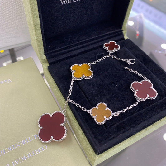 ¡®lume Jewelry¡¯CLOVER 5 MOTIFS SIVLER CARNELIAN TIGER EYE BRACELET