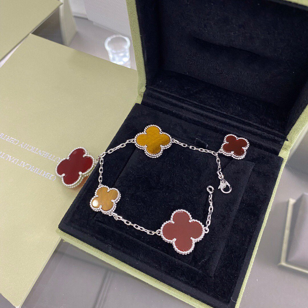 ¡®lume Jewelry¡¯CLOVER 5 MOTIFS SIVLER CARNELIAN TIGER EYE BRACELET