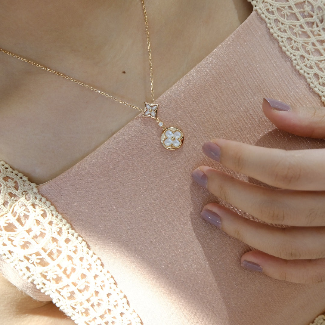 ¡®lume Jewelry¡¯STAR AND SUN WHITE MOP 2 MOTIF PINK GOLD NECKLACE