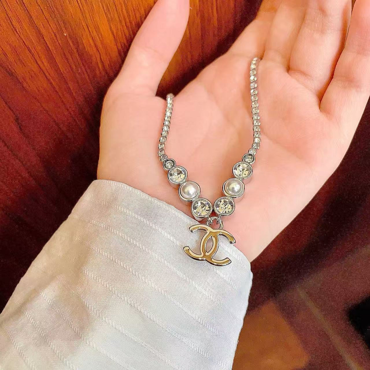 [lume Jewelry]Double C Necklace with Pearls & Cubic Zirconia