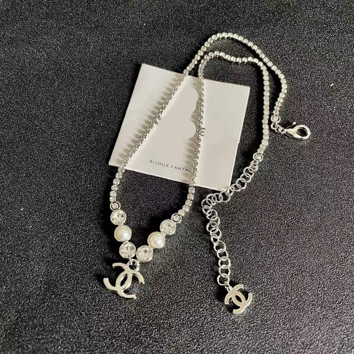 [lume Jewelry]Double C Necklace with Pearls & Cubic Zirconia