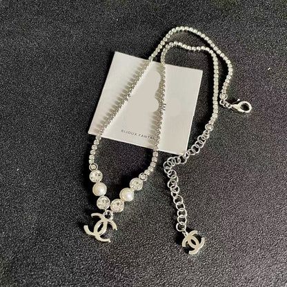 [lume Jewelry]Double C Necklace with Pearls & Cubic Zirconia