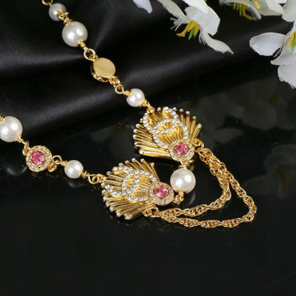 [lume Jewelry]Vintage Fan Motif Double CC Crystal & Pearl Necklace