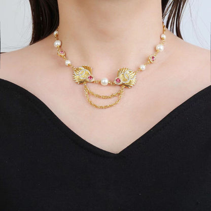 [lume Jewelry]Vintage Fan Motif Double CC Crystal & Pearl Necklace
