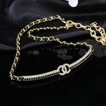 [lume Jewelry]Black Leather Interwoven Crystal CC Choker Necklace