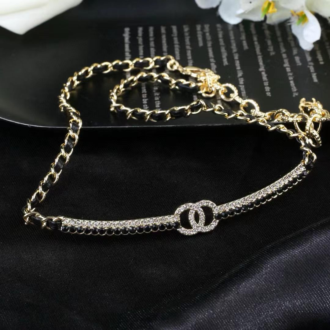 [lume Jewelry]Black Leather Interwoven Crystal CC Choker Necklace