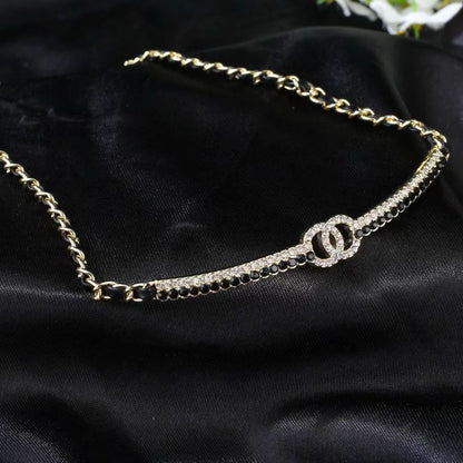 [lume Jewelry]Black Leather Interwoven Crystal CC Choker Necklace