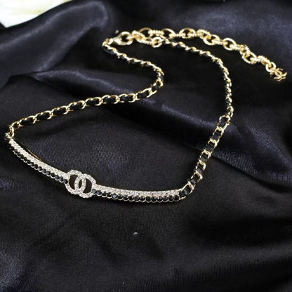 [lume Jewelry]Black Leather Interwoven Crystal CC Choker Necklace