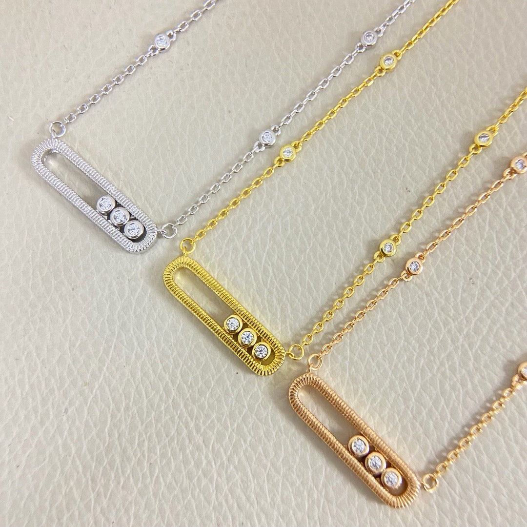 [lume Jewelry] Baby Move Pavé Diamond‑Set Three‑Stone Sliding Necklace