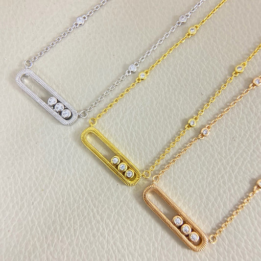 [lume Jewelry] Baby Move Pavé Diamond‑Set Three‑Stone Sliding Necklace