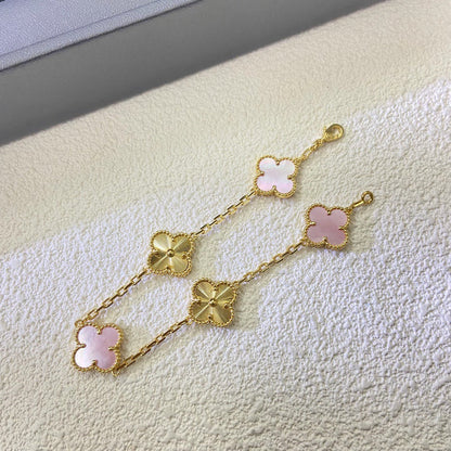 [lume Jewelry]Vintage Alhambra Pink MOP & Guilloché 5‑Flower Bracelet
