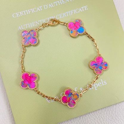 [lume Jewelry]Vintage Alhambra 5‑Flower Bracelet, Pink‑Blue Iridescent Opal Gold‑Tone