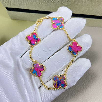 [lume Jewelry]Vintage Alhambra 5‑Flower Bracelet, Pink‑Blue Iridescent Opal Gold‑Tone
