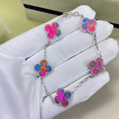 [lume Jewelry]Vintage Alhambra 5‑Flower Bracelet, Pink‑Blue Iridescent Opal Gold‑Tone