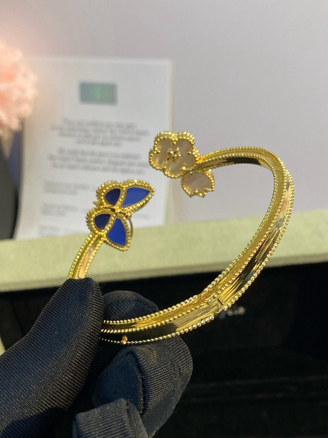 ¡®lume Jewelry¡¯Lucky Alhambra Butterfly & Clover Open Bangle, Blue Onyx & White MOP Gold‑Tone