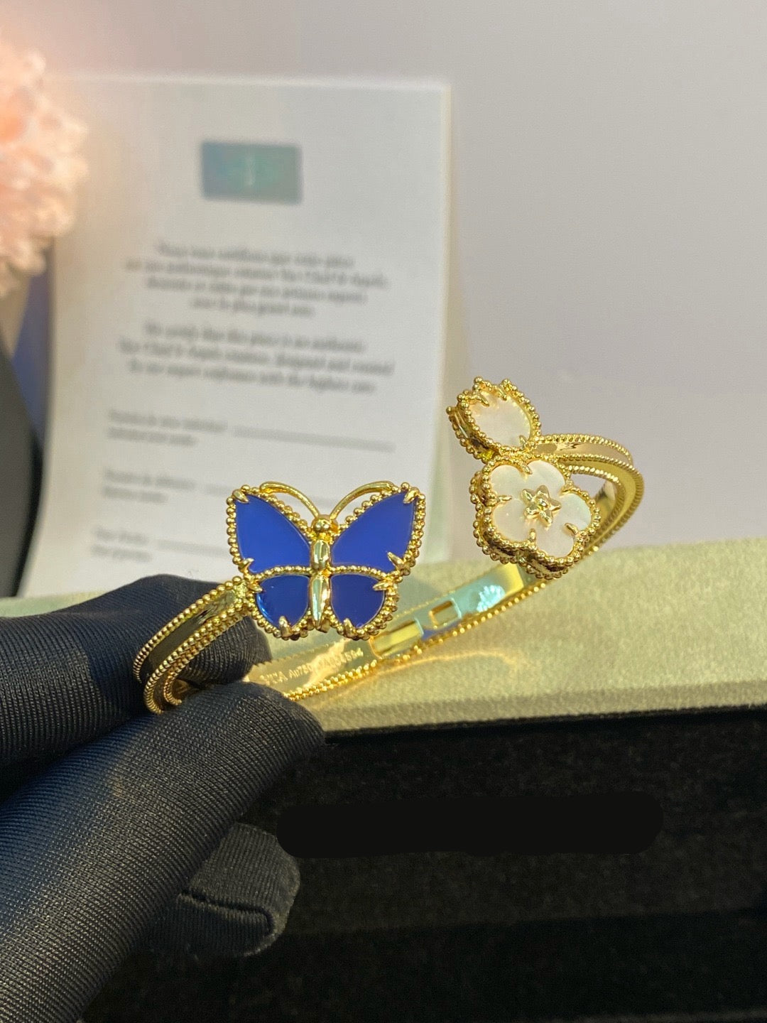 ¡®lume Jewelry¡¯Lucky Alhambra Butterfly & Clover Open Bangle, Blue Onyx & White MOP Gold‑Tone