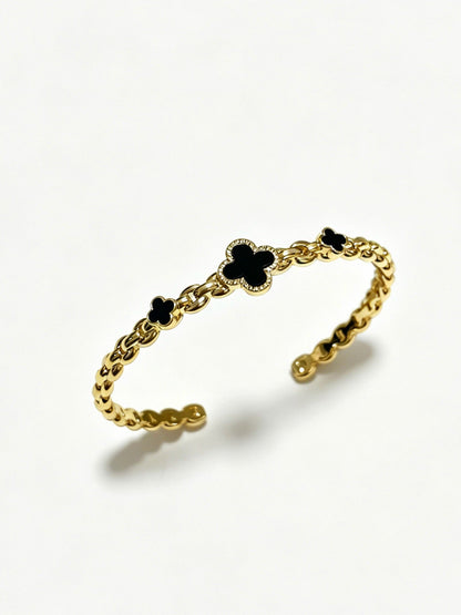¡®lume Jewelry¡¯Vintage Alhambra 3‑Flower Open Cuff, Black Onyx Gold‑Tone Chain Bangle
