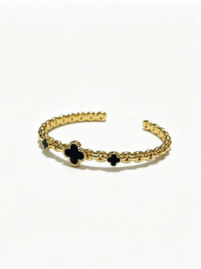 ¡®lume Jewelry¡¯Vintage Alhambra 3‑Flower Open Cuff, Black Onyx Gold‑Tone Chain Bangle