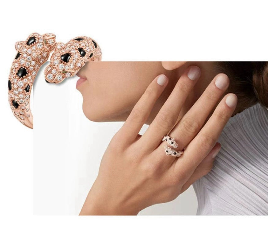 ¡®lume Jewelry¡¯Double‑Panther‑Head Full‑Pavé Diamond Open Ring