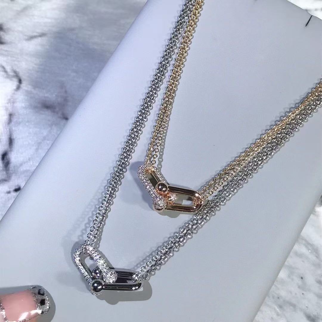 [lume Jewelry]T House Diamond-Set Double Chain Link Pendant Necklace
