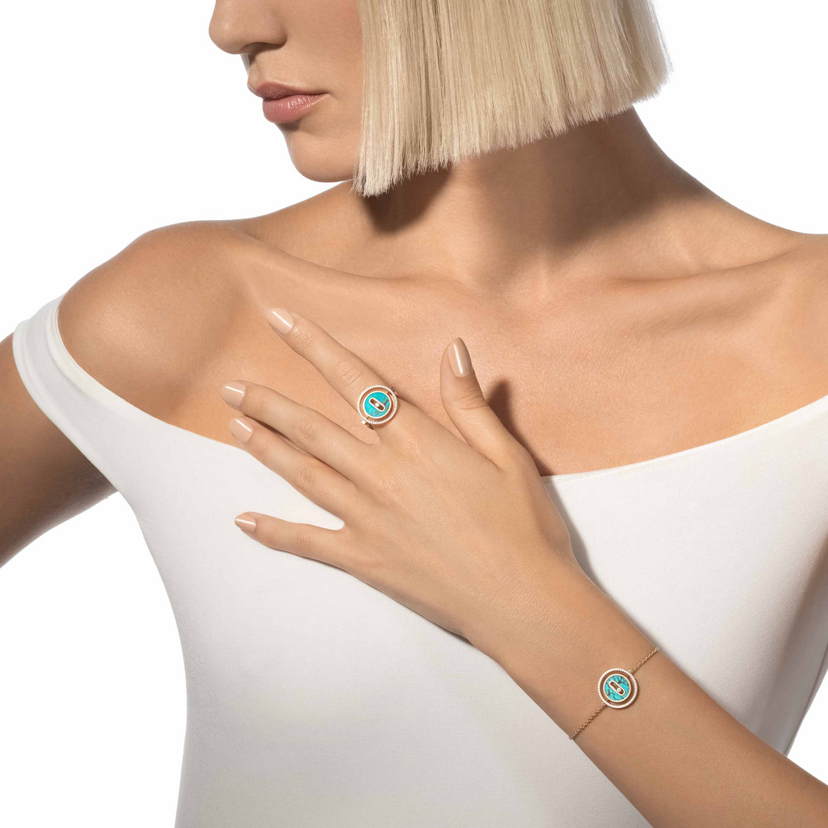 [lume Jewelry]LUCKY MOVE TURQUOISE PINK GOLD DIAMOND BRACELET(Adjustable)