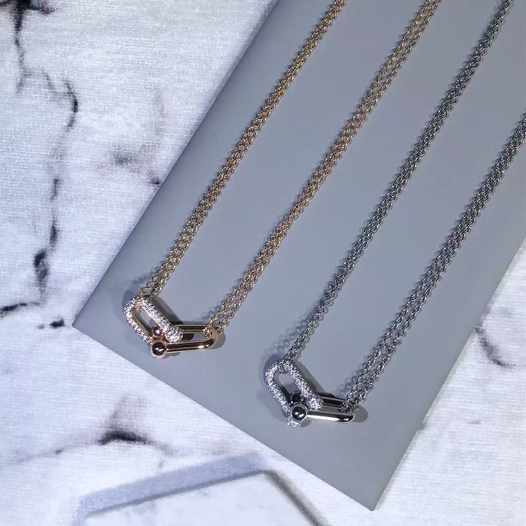 [lume Jewelry]T House Diamond-Set Double Chain Link Pendant Necklace