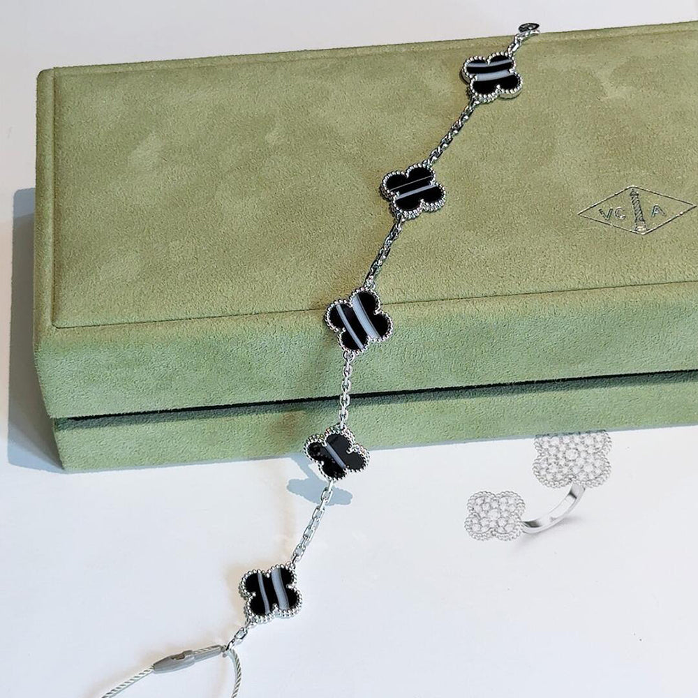 ¡®lume Jewelry¡¯CLOVER 5 MOTIF VEINED ONYX BRACELET SILVER
