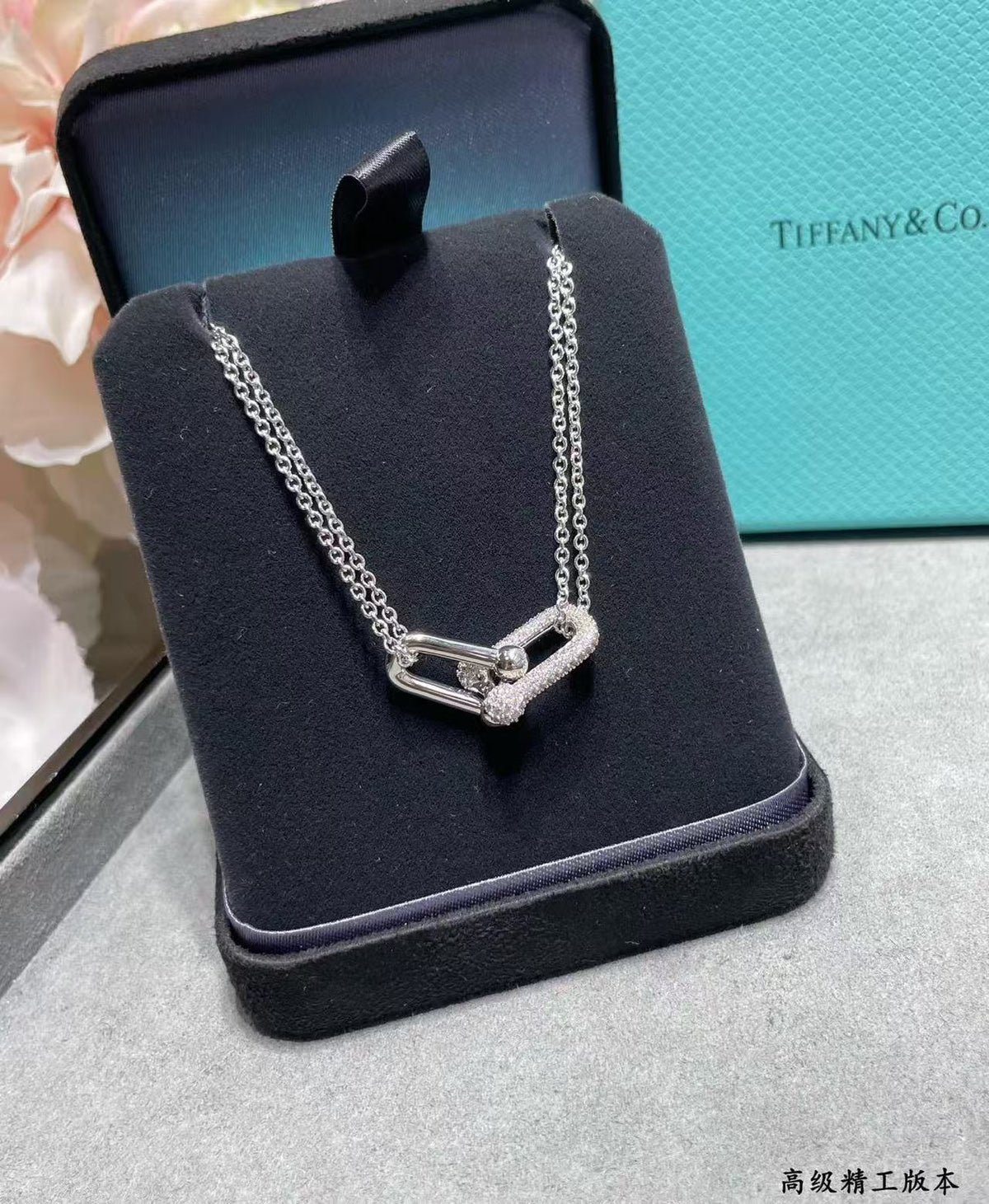 [lume Jewelry]T House Diamond-Set Double Chain Link Pendant Necklace