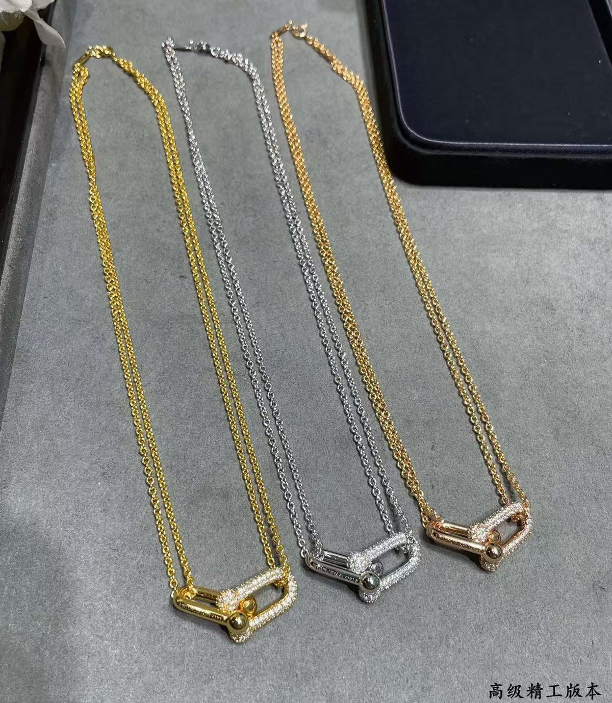[lume Jewelry]T House Diamond-Set Double Chain Link Pendant Necklace