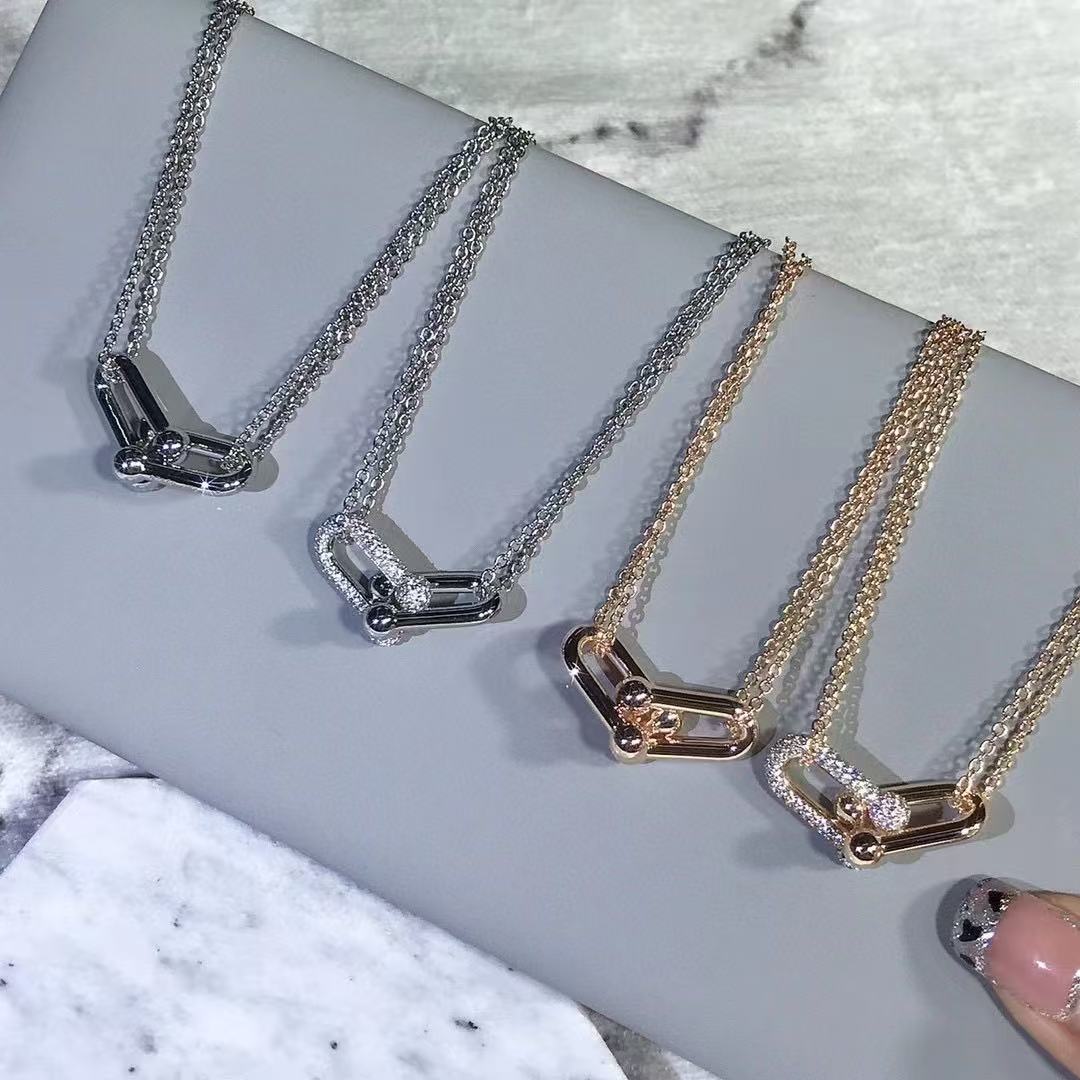 [lume Jewelry]T House Diamond-Set Double Chain Link Pendant Necklace