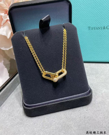 [lume Jewelry]T House Diamond-Set Double Chain Link Pendant Necklace