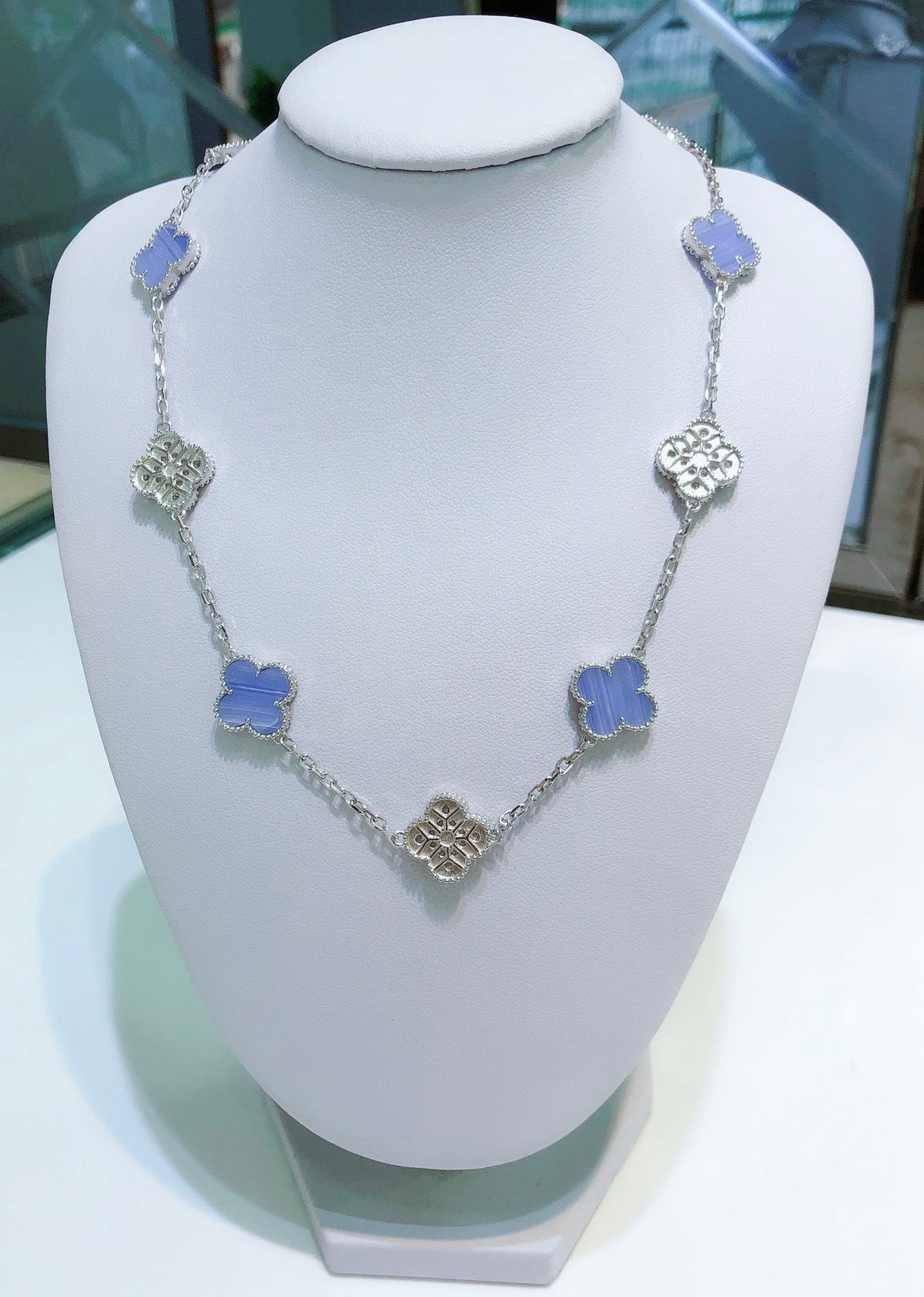 ¡®lume Jewelry¡¯CLOVER 10 MOTIFS CHALCEDONY DIAMONDS SILVER NECKLACE
