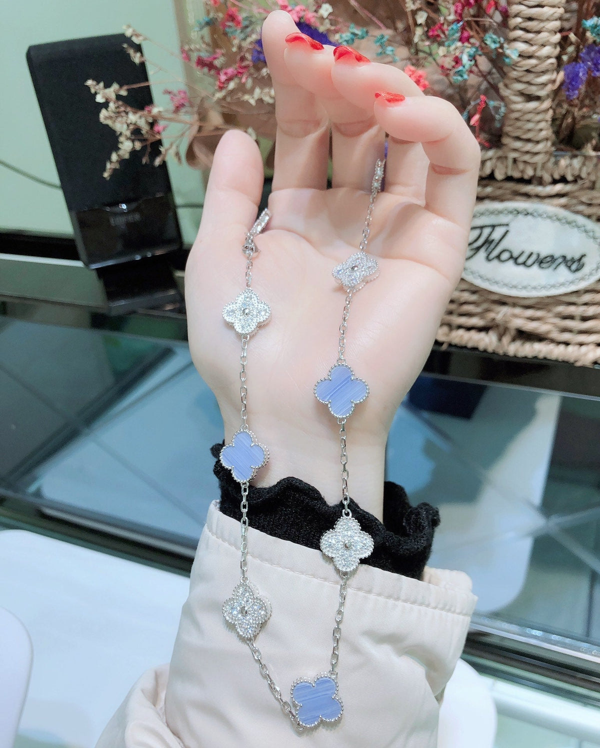 ¡®lume Jewelry¡¯CLOVER 10 MOTIFS CHALCEDONY DIAMONDS SILVER NECKLACE